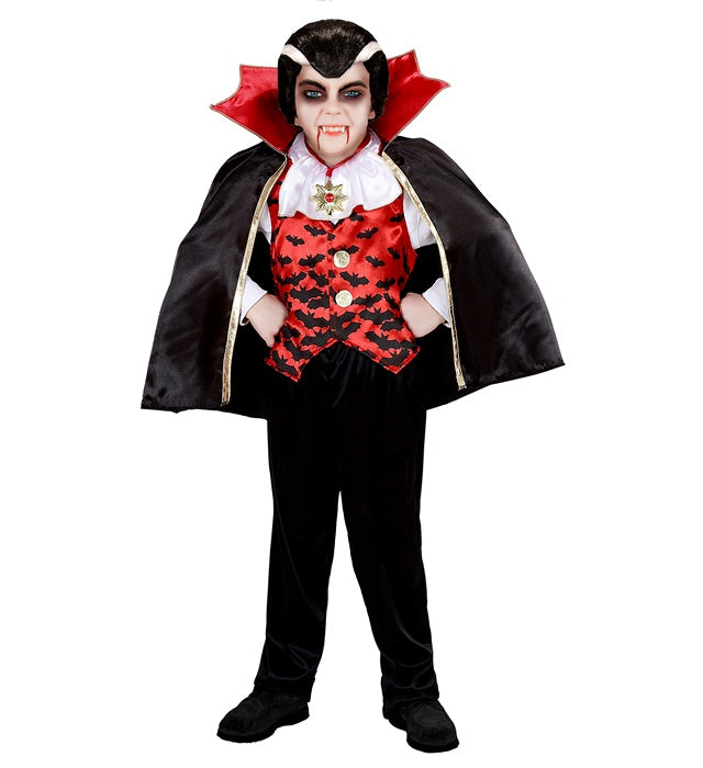 Vampir-Kostüm mit schwarzer Weste, weißem Jabot, Hose und Umhang für Fasnacht