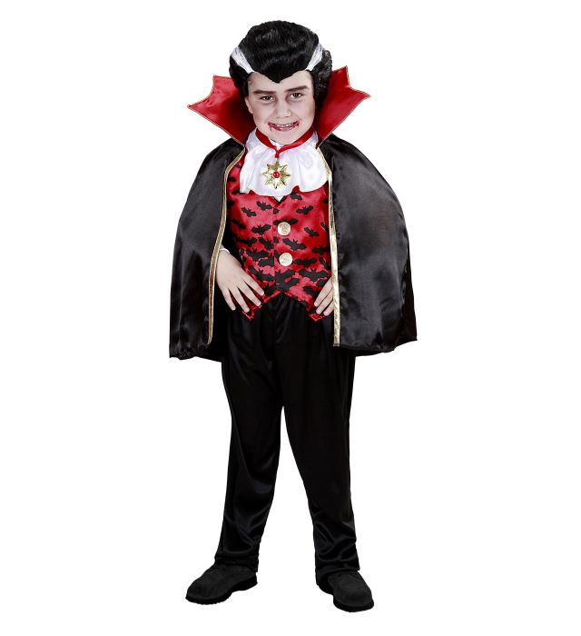 Vampir-Kostüm mit schwarzer Weste, weißem Jabot, Hose und Umhang für Fasnacht