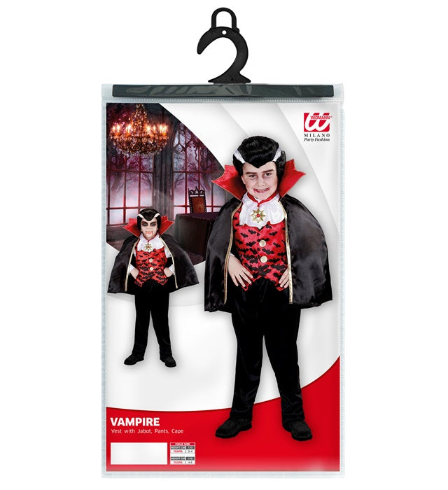 Vampir-Kostüm mit schwarzer Weste, weißem Jabot, Hose und Umhang für Fasnacht