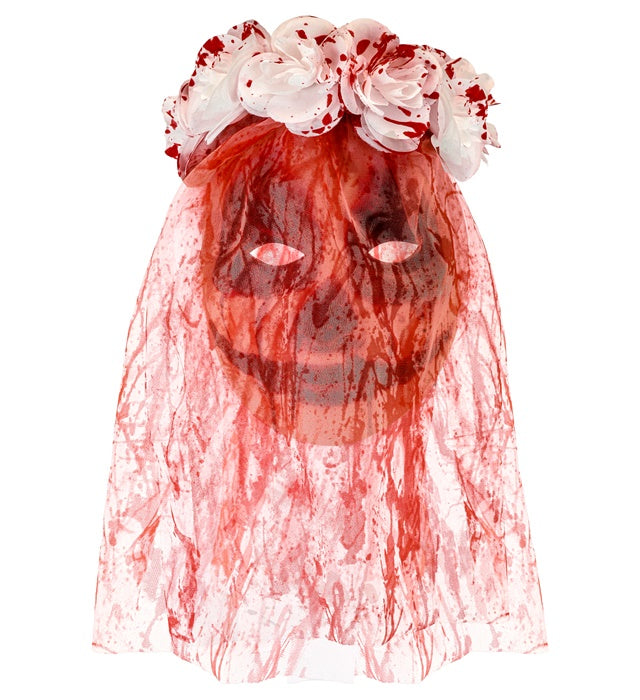 Maske mit blutigem Brautschleier und Blumen für Halloween Kostüm