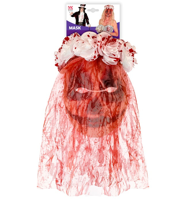 Maske mit blutigem Brautschleier und Blumen für Halloween Kostüm