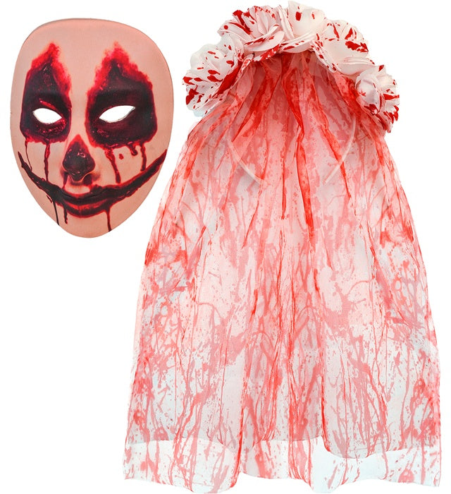 Maske mit blutigem Brautschleier und Blumen für Halloween Kostüm