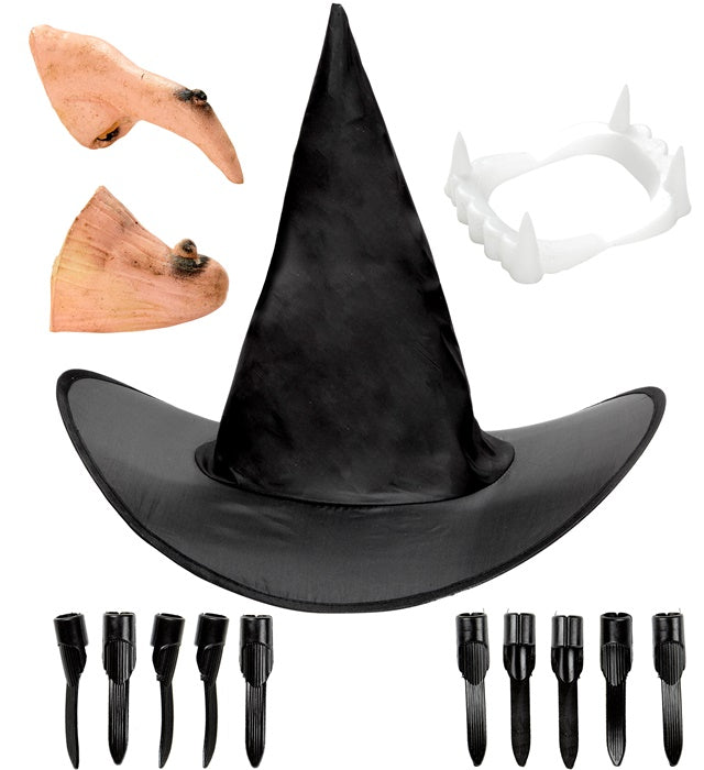 Hexen-Kostüm-Set mit spitzem Hut, künstlicher Nase, Kinn, Gebiss und langen Nägeln