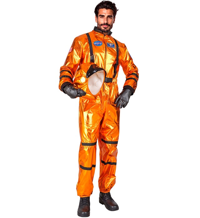 Orangener Astronauten Overall mit passendem Helm auf Fasnacht