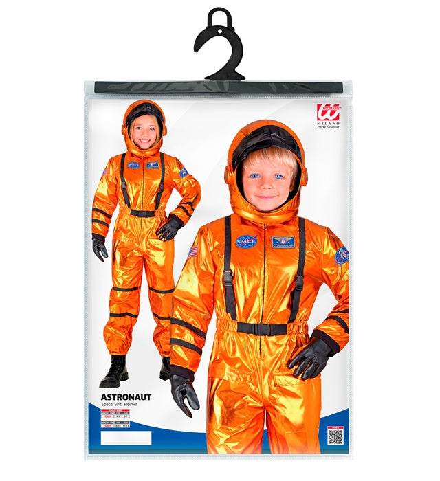 Orangener Astronaut Overall mit passendem Helm für Fasnacht und Mottopartys