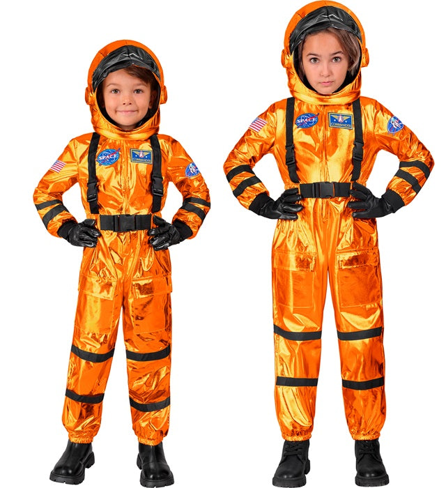 Orangener Astronaut Overall mit passendem Helm für Fasnacht und Mottopartys