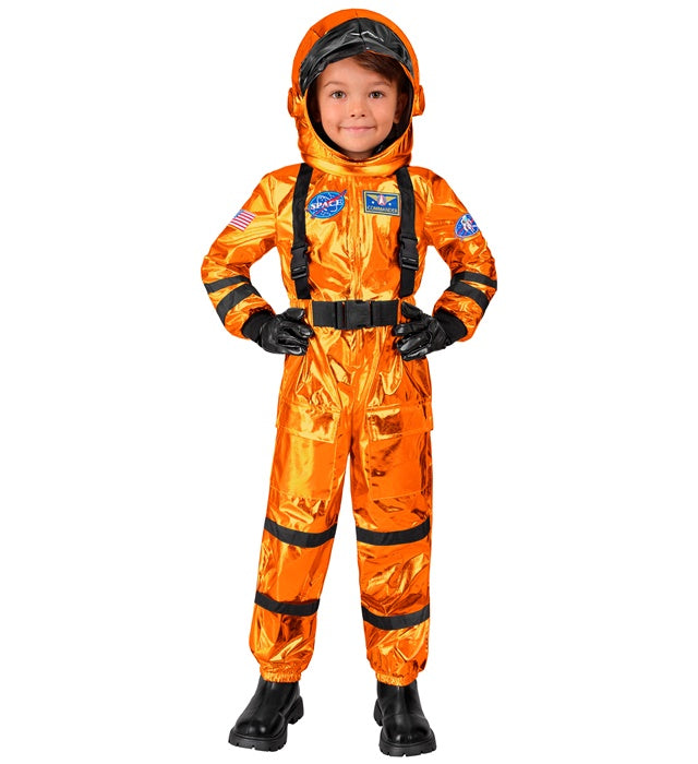 Orangener Astronaut Overall mit passendem Helm für Fasnacht und Mottopartys
