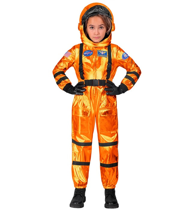 Orangener Astronaut Overall mit passendem Helm für Fasnacht und Mottopartys