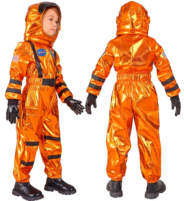 Orangener Astronaut Overall mit passendem Helm für Fasnacht und Mottopartys