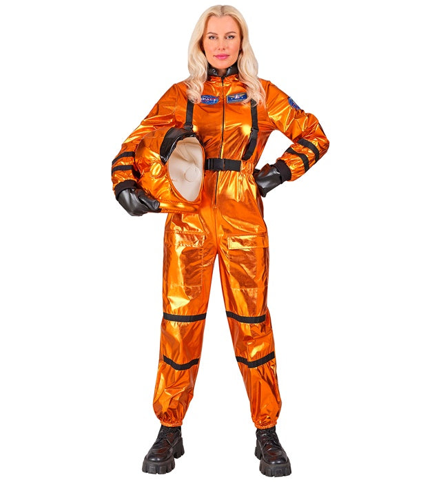 Orangener Astronauten-Overall mit Helm auf Fasnacht getragen