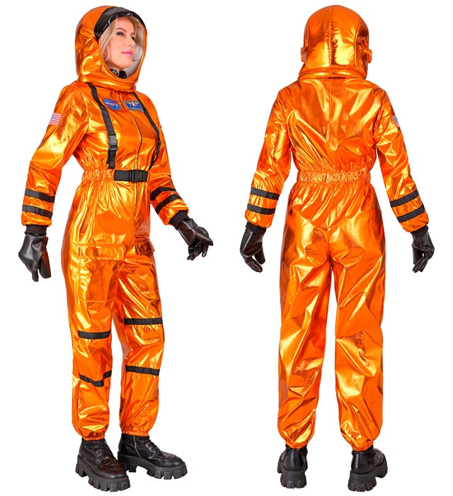 Orangener Astronauten-Overall mit Helm auf Fasnacht getragen