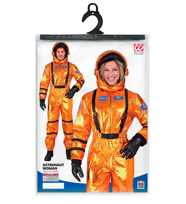 Orangener Astronauten-Overall mit Helm auf Fasnacht getragen