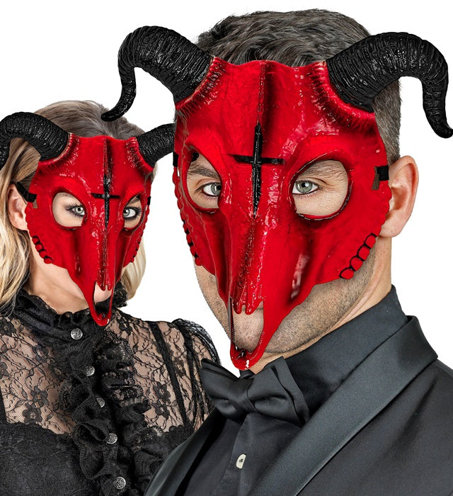 Rote Satans-Widderscherzel-Maske aus Hardplastik mit Hörnern für Halloween