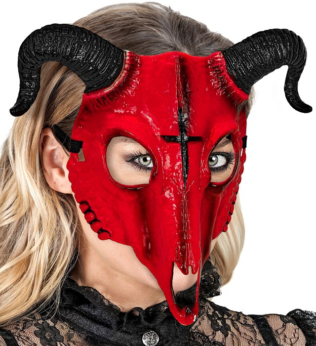 Rote Satans-Widderscherzel-Maske aus Hardplastik mit Hörnern für Halloween