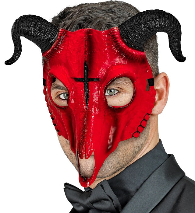 Rote Satans-Widderscherzel-Maske aus Hardplastik mit Hörnern für Halloween