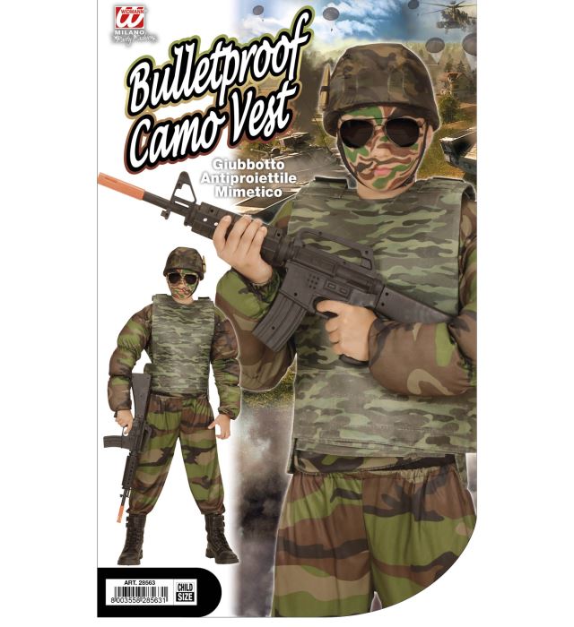 Schusssichere Kinderweste im Camouflage-Muster auf neutralem Hintergrund