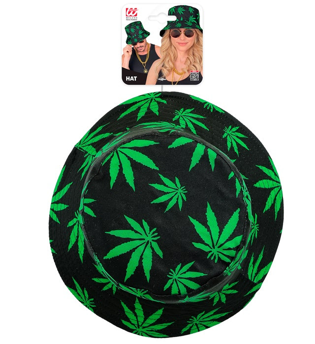 Anglerhut mit grünem Marihuana-Motiv, geeignet für Fasnacht und Karneval