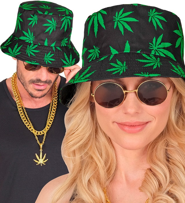 Anglerhut mit grünem Marihuana-Motiv, geeignet für Fasnacht und Karneval