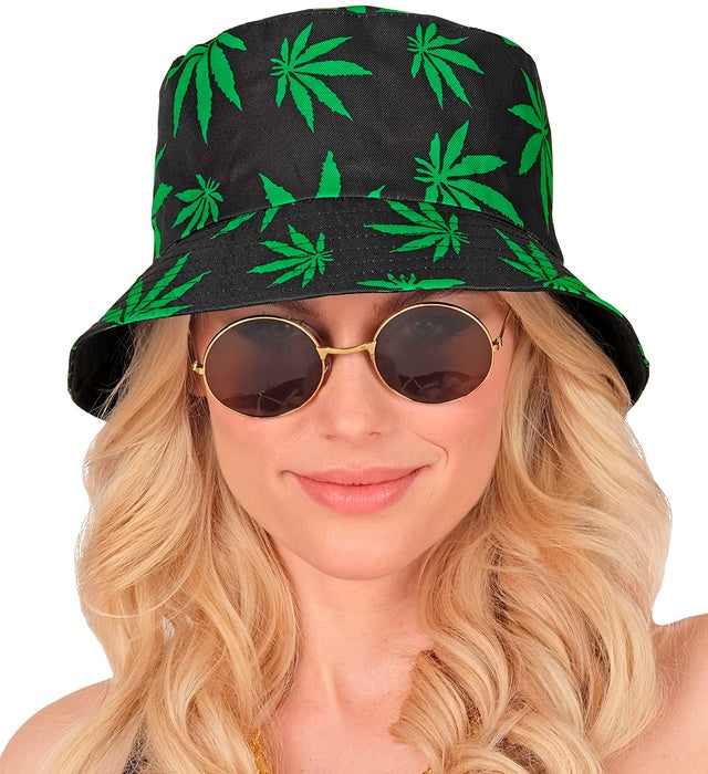 Anglerhut mit grünem Marihuana-Motiv, geeignet für Fasnacht und Karneval