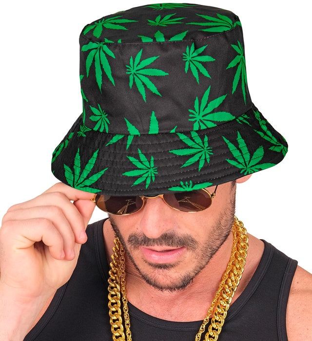 Anglerhut mit grünem Marihuana-Motiv, geeignet für Fasnacht und Karneval