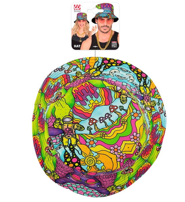 Psychedelischer Anglerhut mit buntem Muster für Fasnacht und Karneval