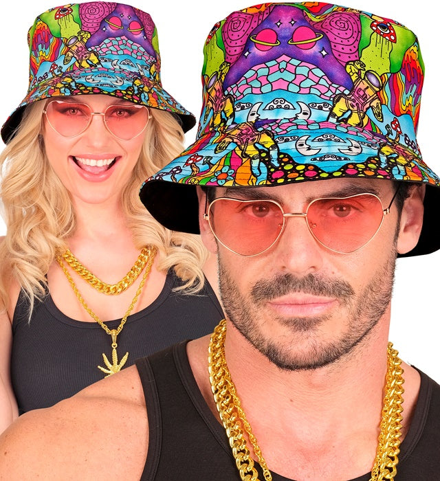 Psychedelischer Anglerhut mit buntem Muster für Fasnacht und Karneval