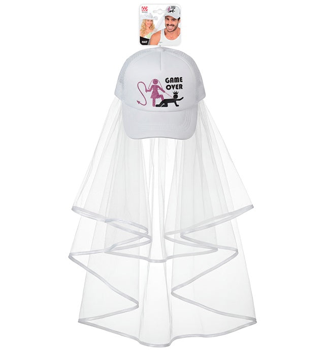 Schwarzes Game Over Basecap mit Schleier als Fasnacht Accessoire