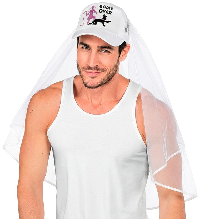 Schwarzes Game Over Basecap mit Schleier als Fasnacht Accessoire