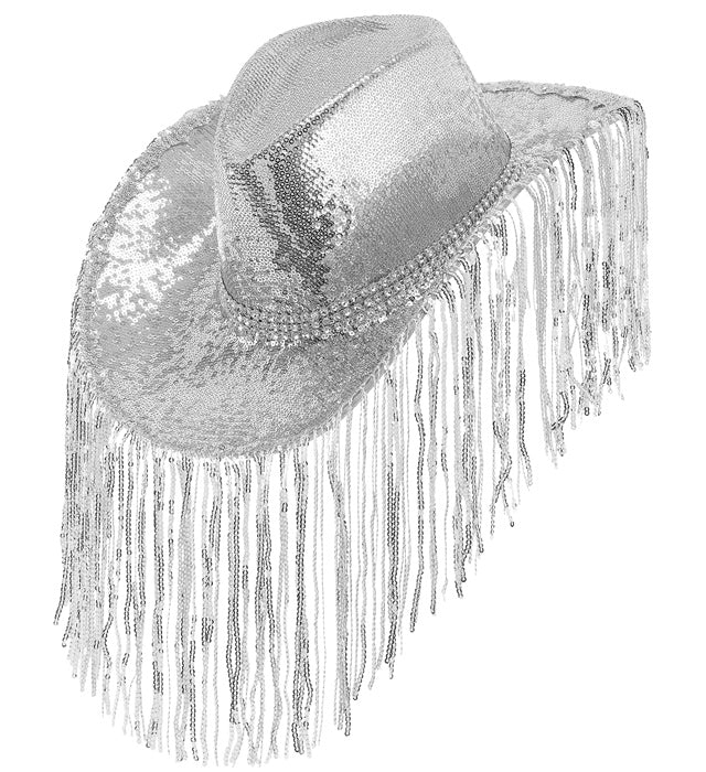 Pailletten Cowboyhut mit Strasssteinen und Fransen für Fasnacht