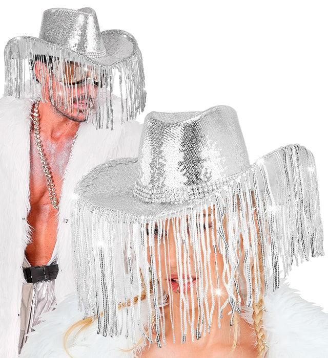 Pailletten Cowboyhut mit Strasssteinen und Fransen für Fasnacht