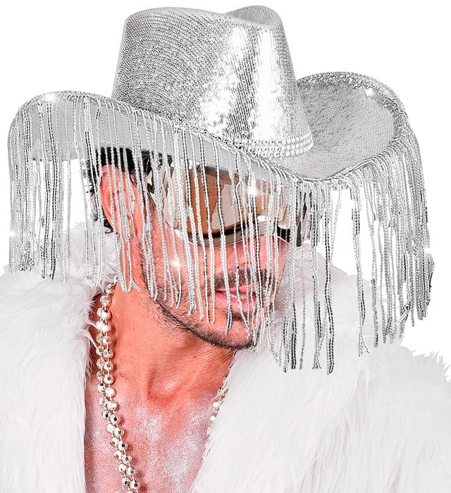 Pailletten Cowboyhut mit Strasssteinen und Fransen für Fasnacht