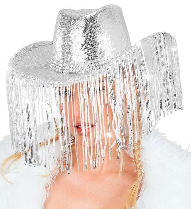 Pailletten Cowboyhut mit Strasssteinen und Fransen für Fasnacht