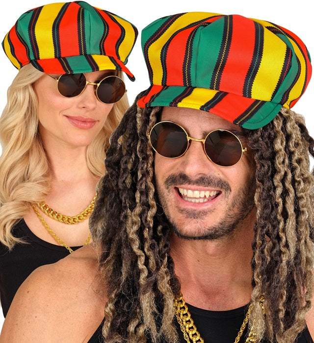 Bunte Rasta Kappe mit langen Zöpfen in Rot, Gelb, Grün und Schwarz