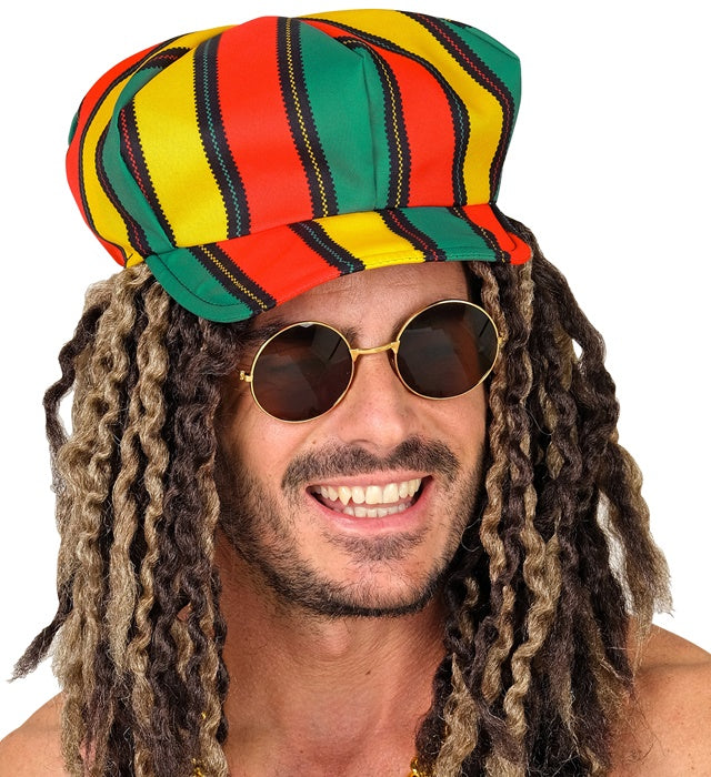Bunte Rasta Kappe mit langen Zöpfen in Rot, Gelb, Grün und Schwarz