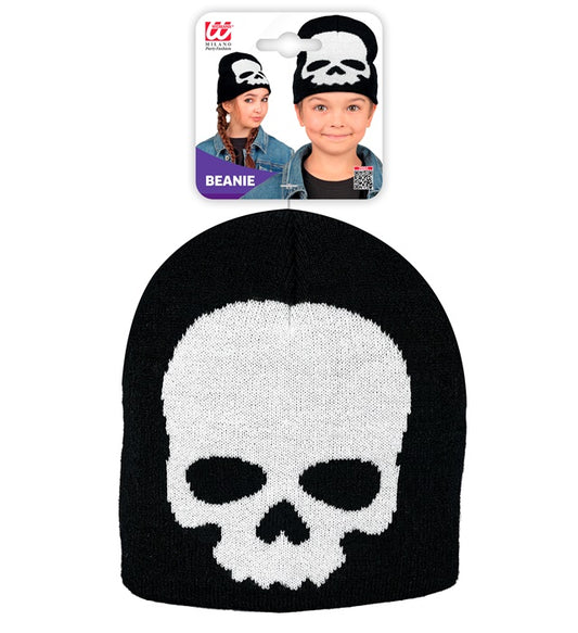 Kinder Totenkopf Beanie Mütze schwarz mit weißem Totenkopf-Motiv