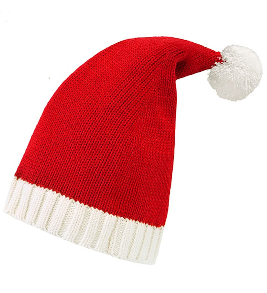 Gestrickte rote Weihnachtsmannmütze mit weißem Rand und Bommel
