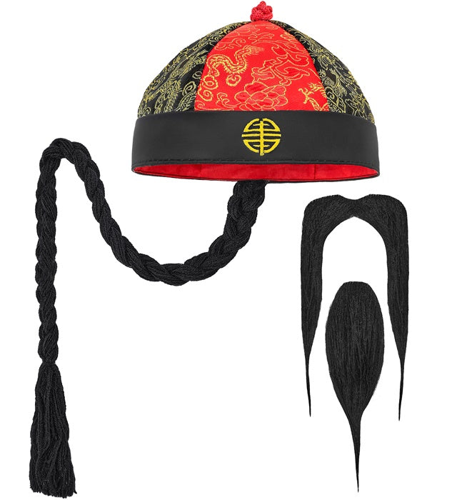 Chinesischer Hut mit Kinnbart und Kinnschnur als Fasnacht Kostümzubehör