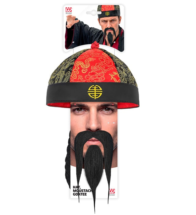 Chinesischer Hut mit Kinnbart und Kinnschnur als Fasnacht Kostümzubehör