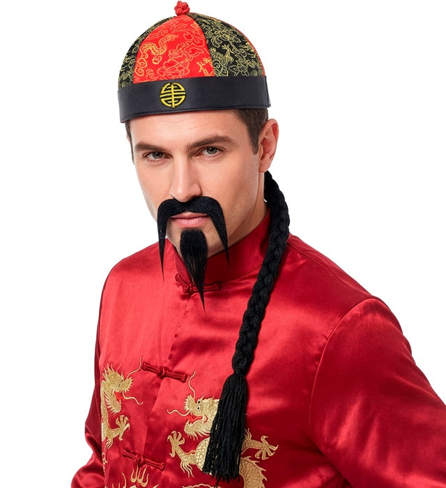 Chinesischer Hut mit Kinnbart und Kinnschnur als Fasnacht Kostümzubehör