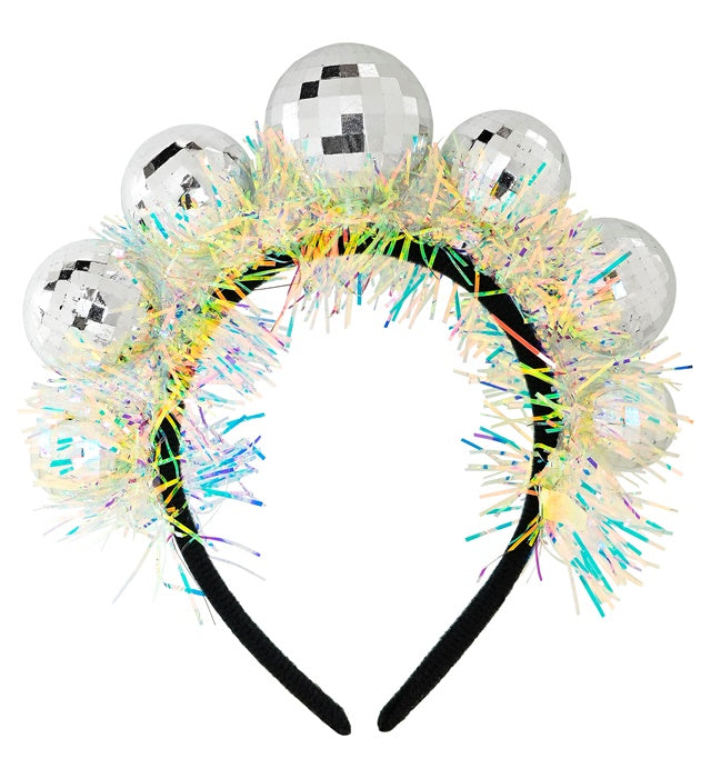Bunter Haarreif mit glitzernden Discokugeln und Lametta für Fasnacht