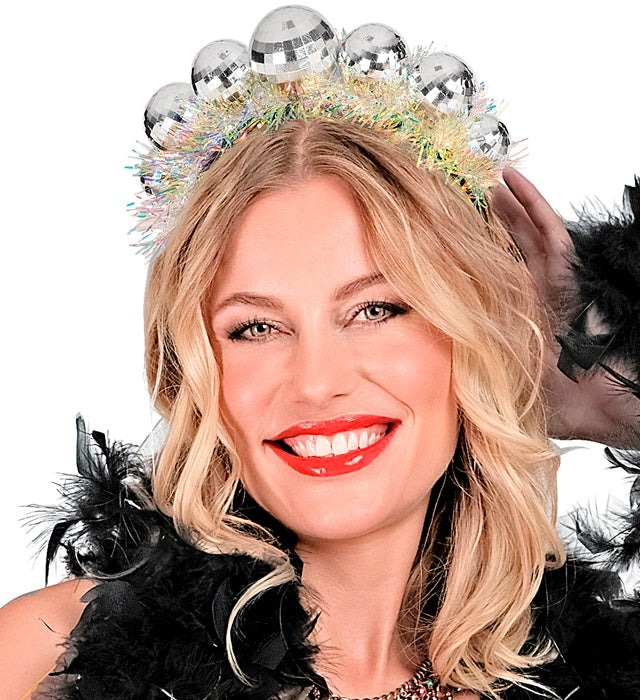 Bunter Haarreif mit glitzernden Discokugeln und Lametta für Fasnacht