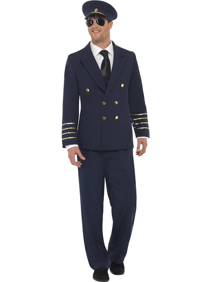 Smiffys Piloten-Kostüm für Herren in Navy Blue mit Jacke, Hose und Hut – Produktansicht