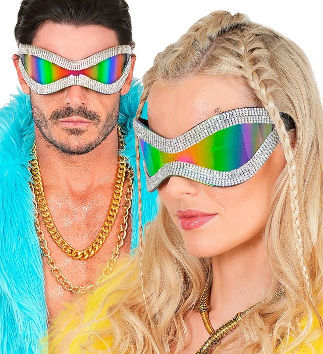 Riesige Strass Brille mit bunten Multicolor-Gläsern als Fasnacht Accessoire