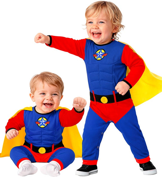 Kinderkostüm SUPER BABY Overall mit rotem Umhang für Fasnacht