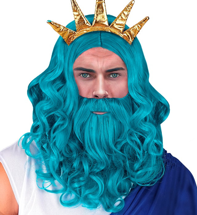 "POSEIDON/NEPTUN PERÜCKE MIT BART & SCHNURRBART" in Box Türkis / Hellblau