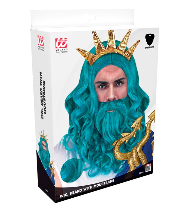 "POSEIDON/NEPTUN PERÜCKE MIT BART & SCHNURRBART" in Box Türkis / Hellblau