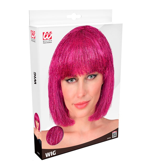 Pink glitzernde Perücke für Fasnacht und Karneval in Verpackung