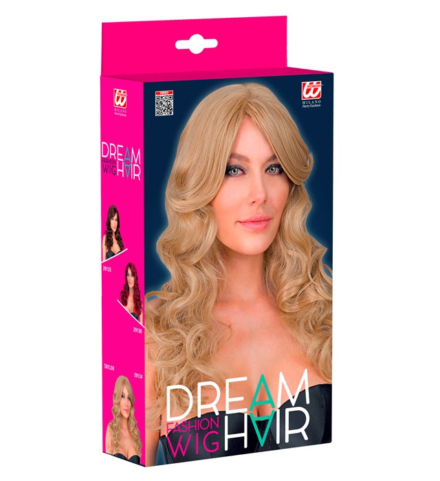 Blonde Taylor-Perücke in Dream Hair Qualität auf farbiger Verpackung