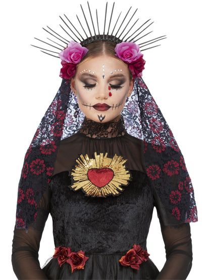 Smiffys schwarzer Day-of-the-Dead-Haarreif mit Rosen und Schleier für Damen – Produktansicht