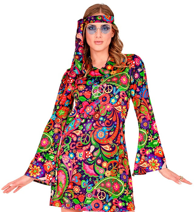 Hippie Girl Kostüm mit buntem Kleid und Stirnband für Fasnacht